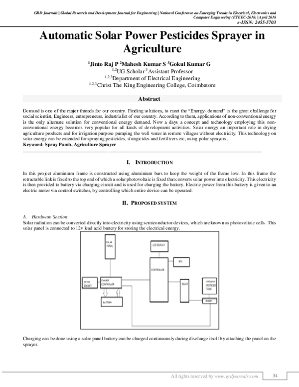 Pdf Automatic Solar Power Pesticides Sprayer In Agriculture