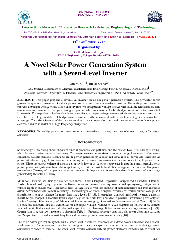(PDF) Organized by A Novel Solar Power Generation System with a SevenLevel Inverter Niladri