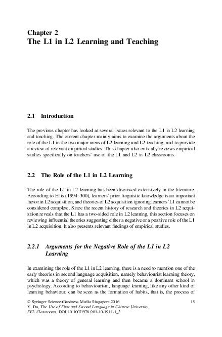 (PDF) The L1 in L2 Learning and Teaching 2.1 Introduction