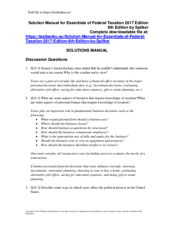 Doc Solution Manual For Essentials Of Federal Taxation 2017 Edition Docx