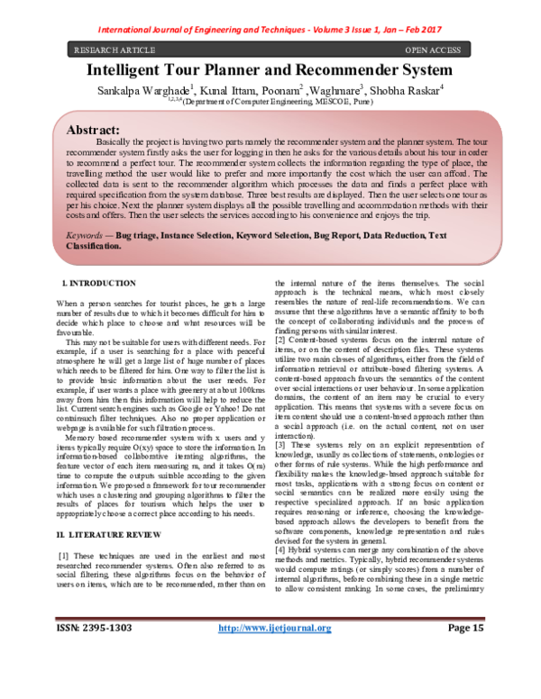(PDF) Intelligent Tour Planner and Recommender System