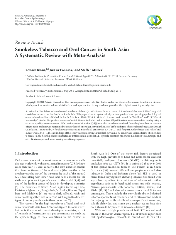 (PDF) Smokeless Tobacco and Oral Cancer in South Asia: A Systematic ...