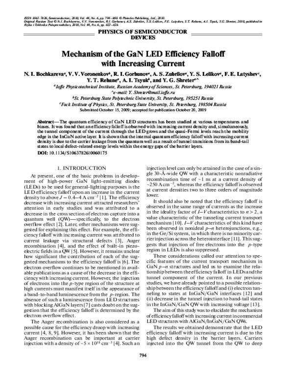 (PDF) Mechanism of the GaN LED efficiency falloff with increasing current