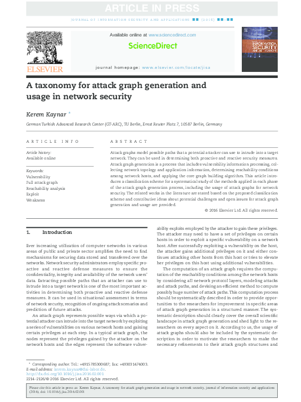 (PDF) A taxonomy for attack graph generation and usage in network security