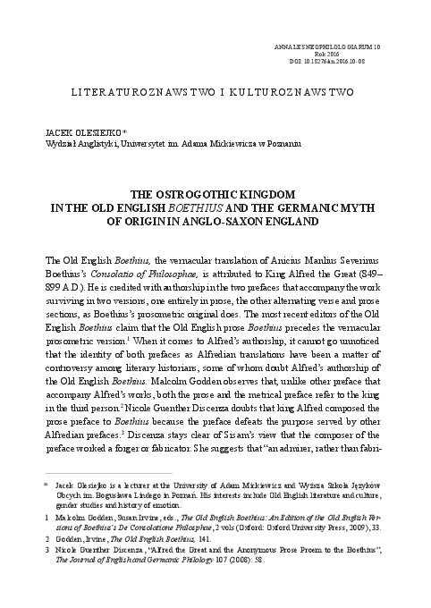 THE OSTROGOTHIC KINGDOM IN THE OLD ENGLISH BOETHIUS AND THE GERMANIC MYTH OF ORIGIN IN ANGLO-SAXON ENGLAND