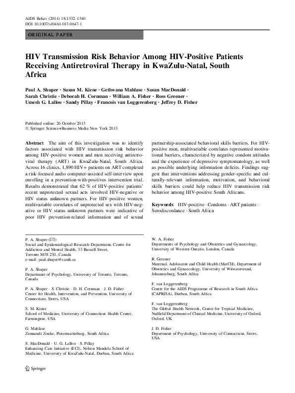 (PDF) (2014) HIV Transmission Risk Behavior Among HIVPositive Patients