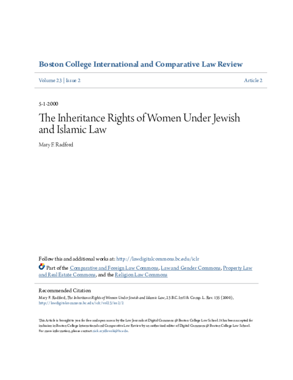 Boston College International And Comparative Law Review The Inheritance Rights Of Women Under Jewish And Islamic Law Xhemile Saliu Academia Edu