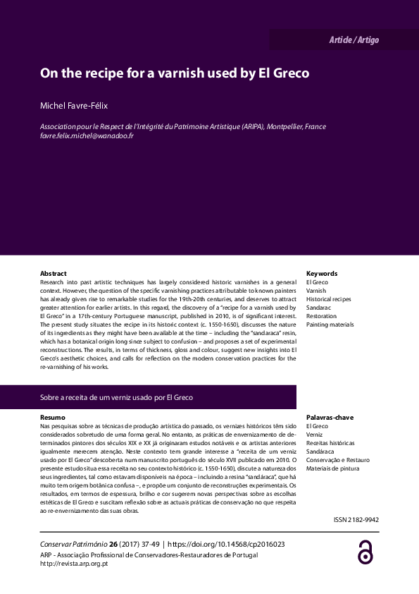 (PDF) On the recipe for a varnish used by El Greco Michel FAVREFELIX