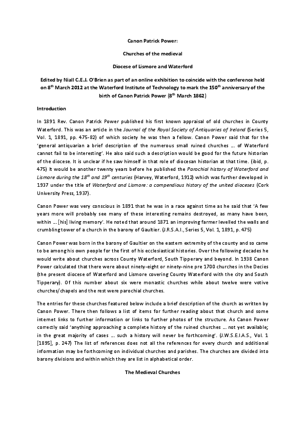 Canon Patrick Power: Churches of the medieval Diocese of Lismore and Waterford