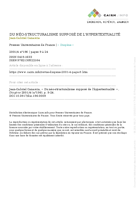 (PDF) Du néo-structuralisme supposé de l'hypertextualité | Jean-Gabriel ...