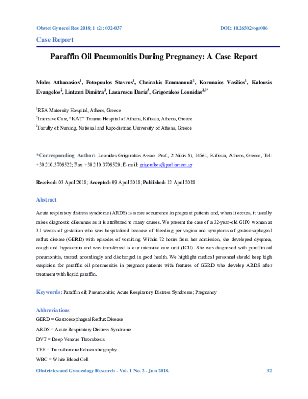 (PDF) Paraffin Oil Pneumonitis During Pregnancy A Case Report
