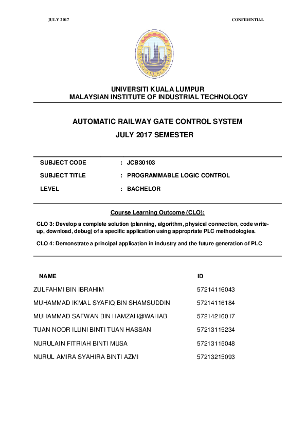 (PDF) AUTOMATIC RAILWAY GATE CONTROL SYSTEM JULY 2017 SEMESTER SUBJECT CODE JCB30103 SUBJECT