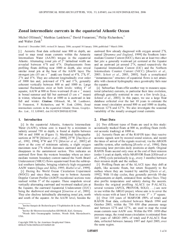 (PDF) Zonal intermediate currents in the equatorial Atlantic Ocean