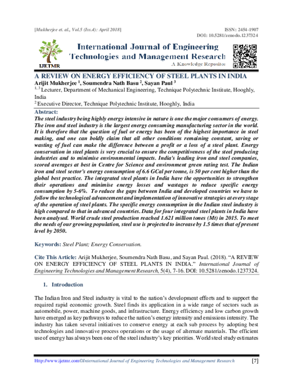 (PDF) A REVIEW ON ENERGY EFFICIENCY OF STEEL PLANTS IN INDIA