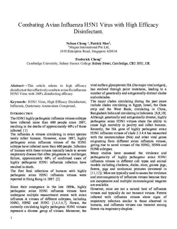(PDF) Combating Avian Influenza H5N1 Virus with High Efficacy Disinfectant