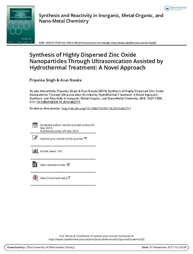 (PDF) Synthesis of highly dispersed zinc oxide nanoparticles through ...