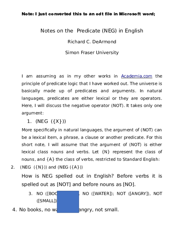 Notes on the Predicate (NEG) in English