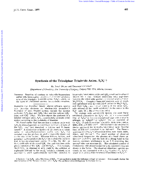 (PDF) Synthesis of the trisulphur trinitride anion, S3N3