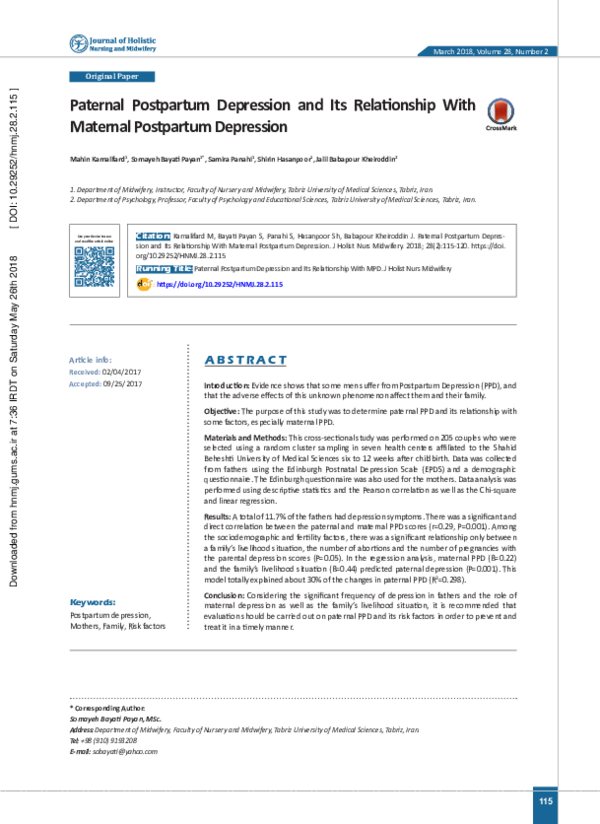 Pdf Paternal Postpartum Depression And Its Relationship With Maternal