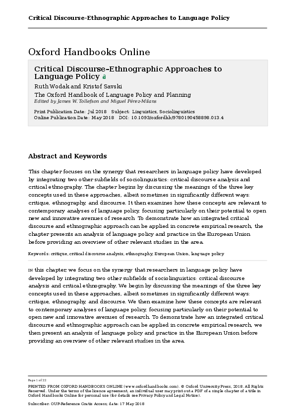  PDF Critical Discourse Ethnographic Approaches To Language Policy 