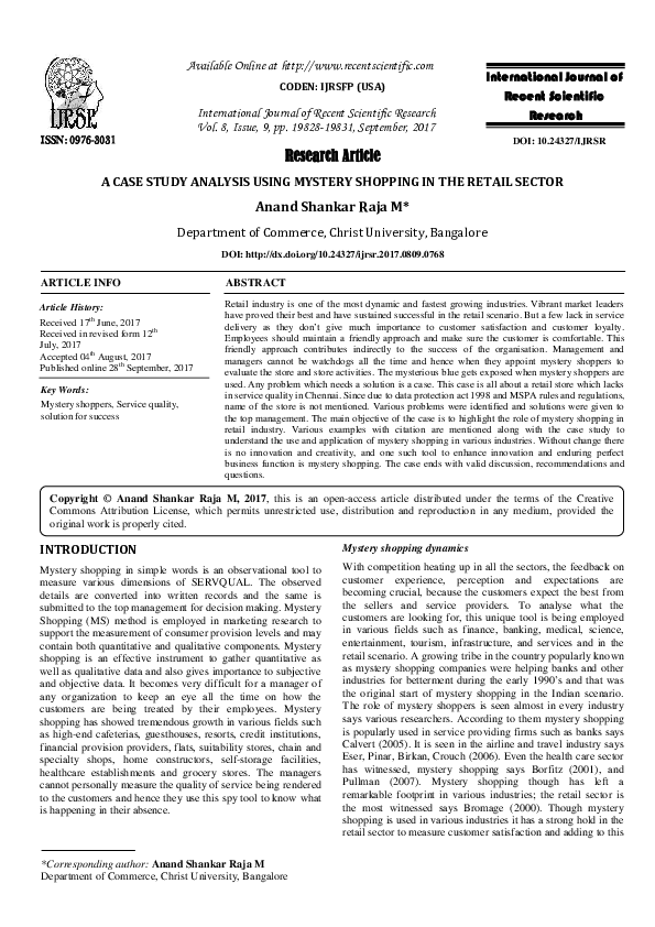 (PDF) A CASE STUDY ANALYSIS USING MYSTERY SHOPPING IN THE RETAIL SECTOR