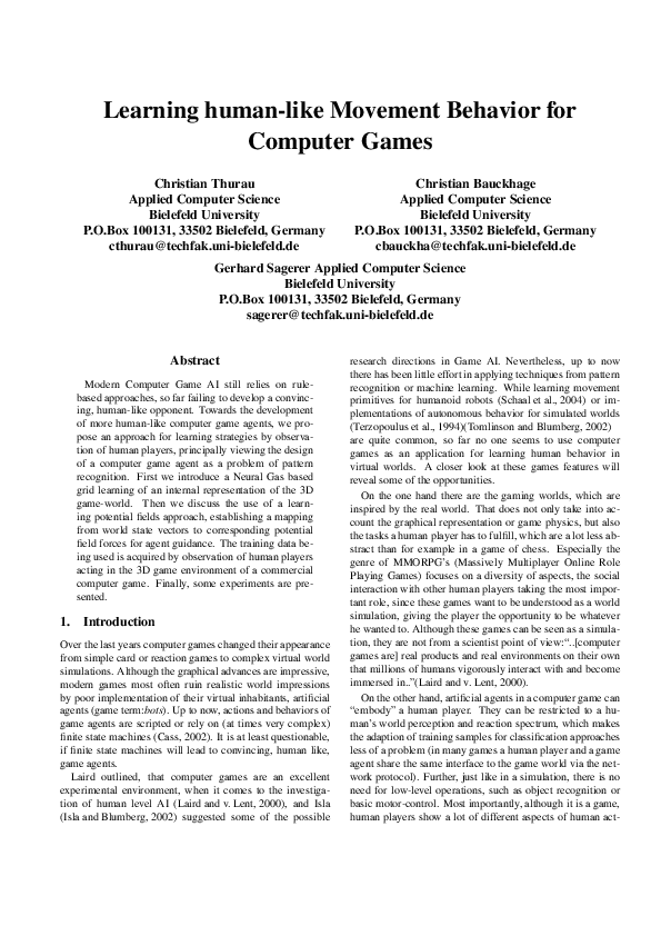 (PDF) Learning human-like movement behavior for computer games