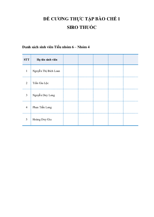 First page of “ĐỀ CƯƠNG THỰC TẬP BÀO CHẾ 1 SIRO THUỐC”