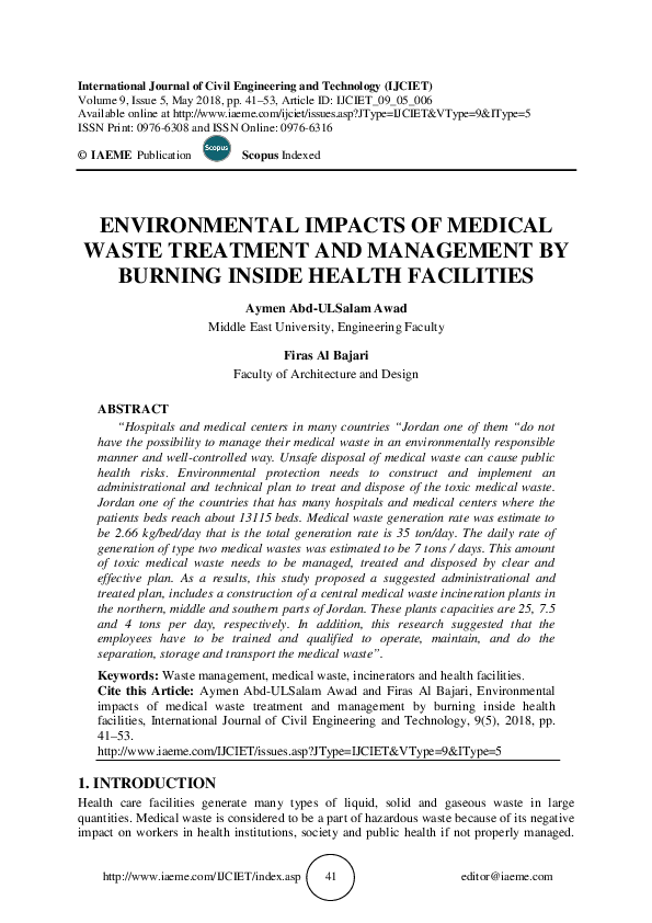 (PDF) ENVIRONMENTAL IMPACTS OF MEDICAL WASTE TREATMENT AND MANAGEMENT BY BURNING INSIDE HEALTH