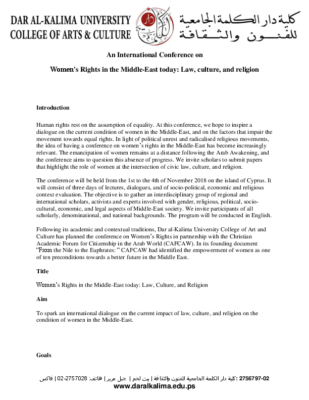 (PDF) Call for Papers Women’s Rights in the MiddleEast today Law