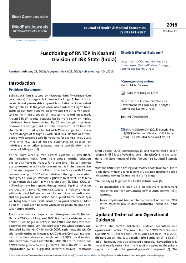 (PDF) Functioning of RNTCP in Kashmir Division of J&K State (India