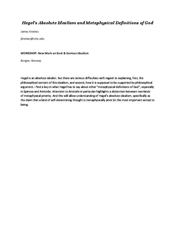 Pdf Hegel S Absolute Idealism And Metaphysical Definitions Of God
