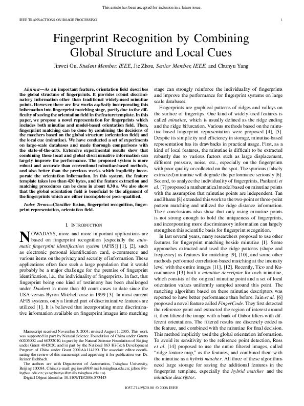 (PDF) Fingerprint Recognition by Combining Global Structure and Local Cues