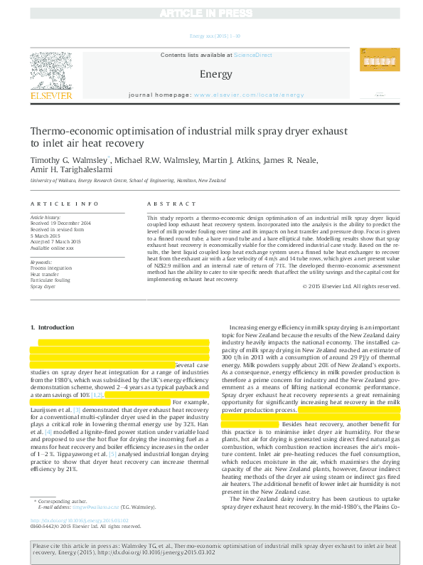 (PDF) Thermoeconomic optimisation of industrial milk spray dryer