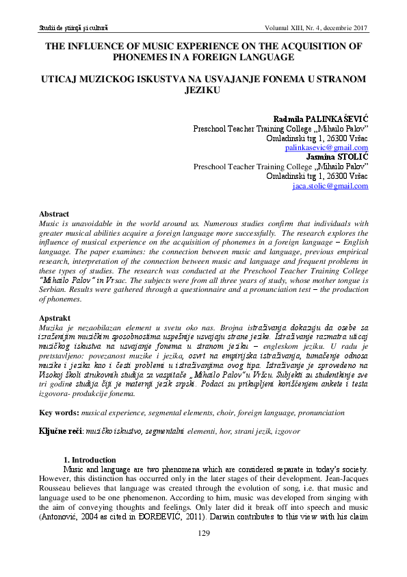 (PDF) THE INFLUENCE OF MUSIC EXPERIENCE ON THE ACQUISITION OF PHONEMES ...