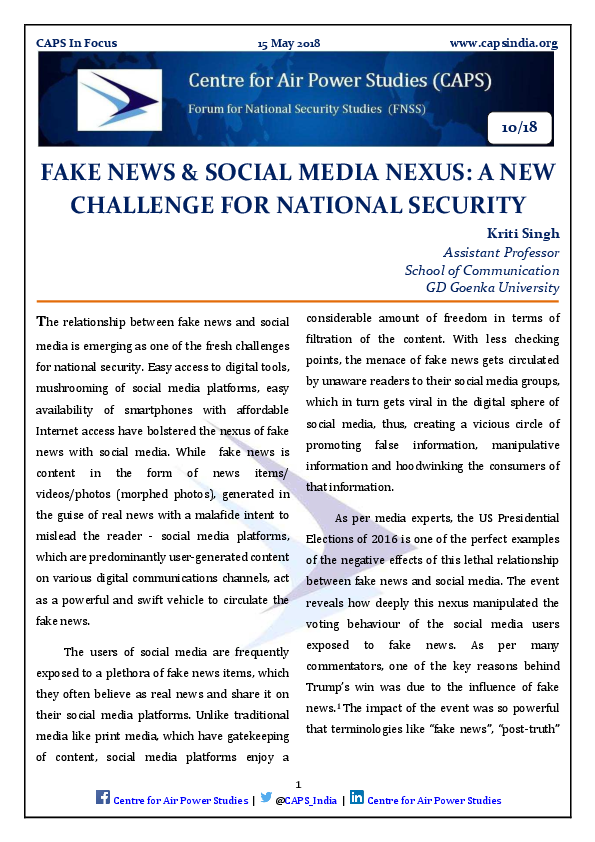 (PDF) FAKE NEWS & SOCIAL MEDIA NEXUS: A NEW CHALLENGE FOR NATIONAL SECURITY