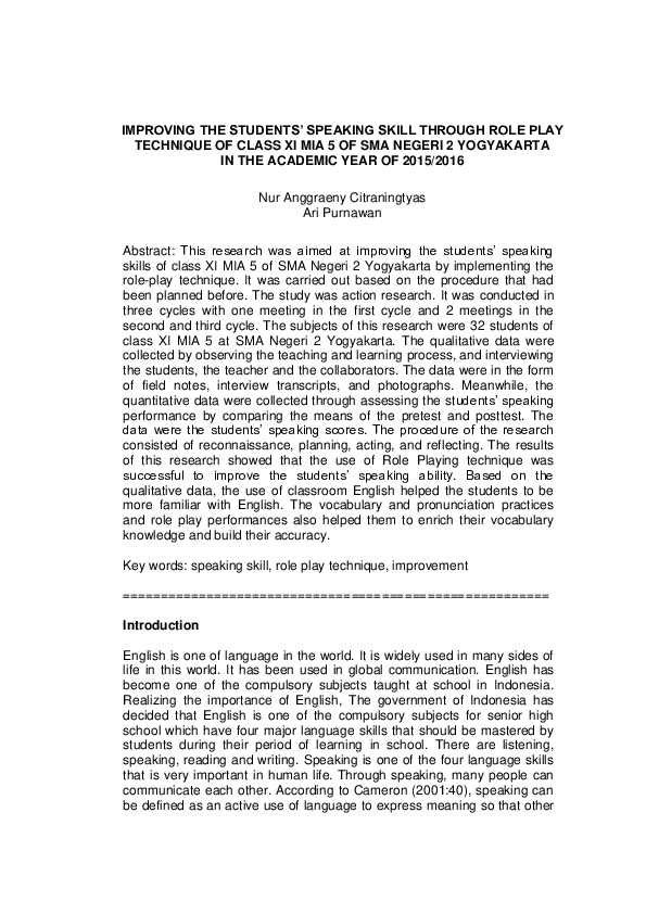 (PDF) IMPROVING THE STUDENTS' SPEAKING SKILL THROUGH ROLE PLAY ...