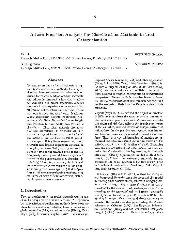 (PDF) A Loss Function Analysis for Classification Methods in Text ...