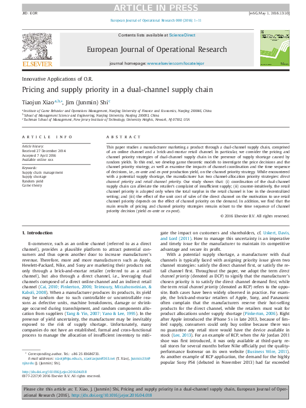 (PDF) Pricing and supply priority in a dual-channel supply chain