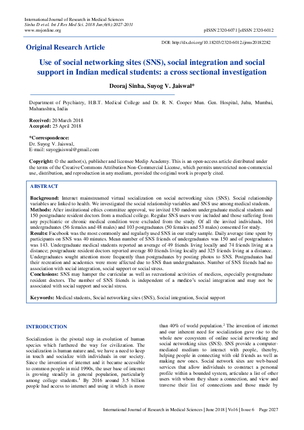 (PDF) Use of social networking sites (SNS), social integration and ...