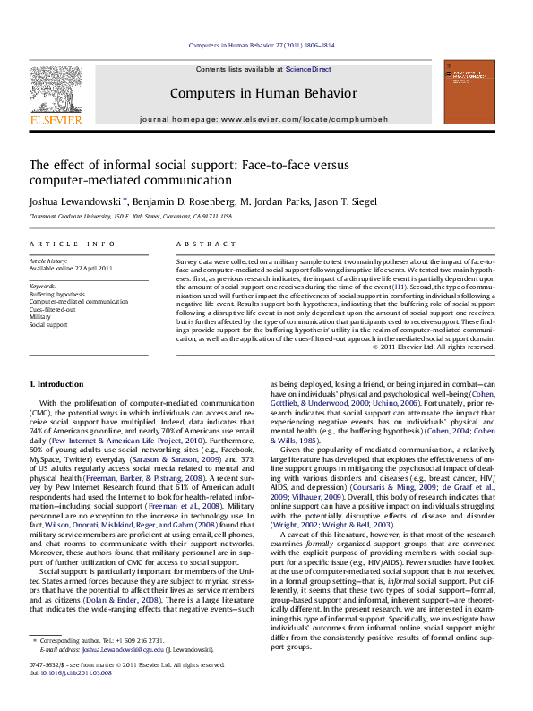 (PDF) The effect of informal social support: Face-to-face versus ...