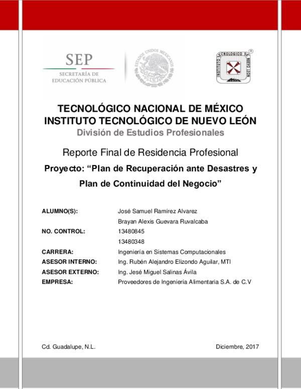 (DOC) Plan de Recuperacion ante desastres y Plan de continuidad del negocio