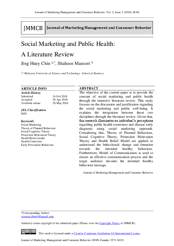 Pdf Social Marketing And Public Health A Literature Review