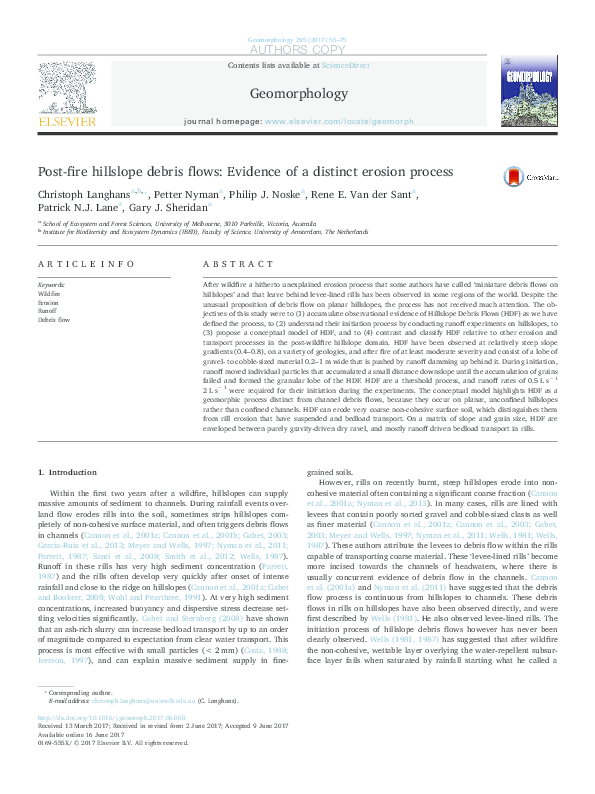 (PDF) Post-fire hillslope debris flows - evidence of a distinct erosion ...