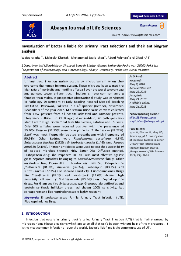 (PDF) Investigation of bacteria liable for Urinary Tract Infections and ...