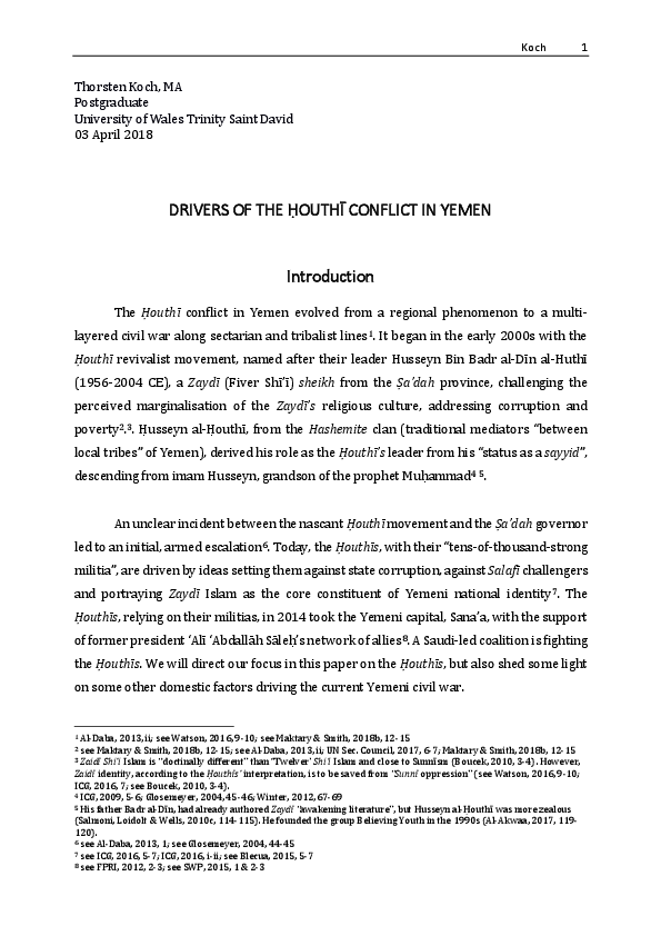 Drivers of the Ḥouthī Conflict in Yemen (UWTSD, 2018)