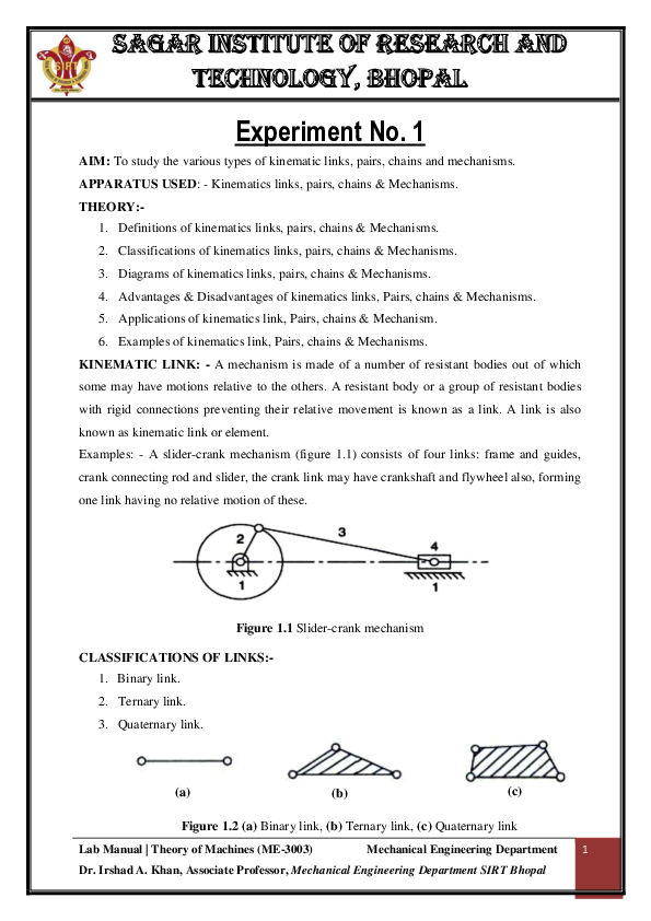 (PDF) Lab Manual of Theory of Machine Irshad Ahmad Khan Academia.edu