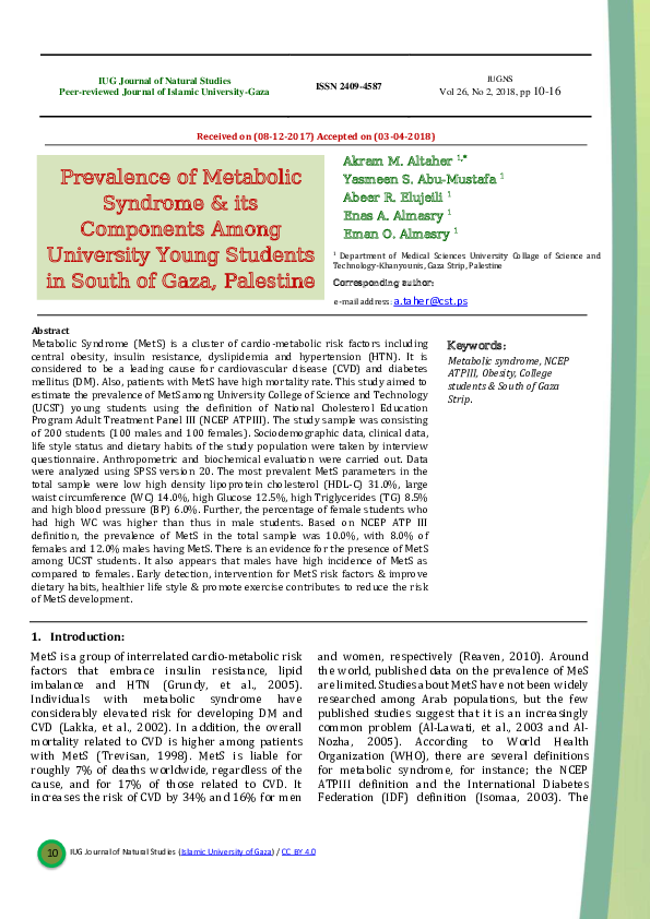 (PDF) Prevalence of Metabolic Syndrome & its Components Among ...