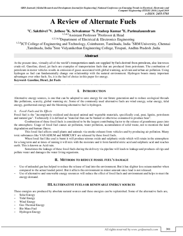 (PDF) A Review of Alternate Fuels GRD JOURNALS Academia.edu