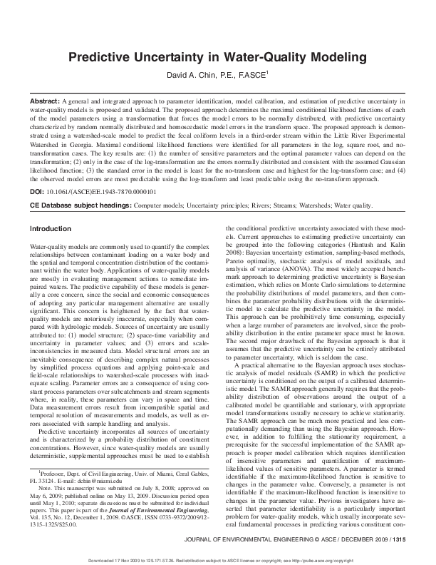 (PDF) Predictive Uncertainty in WaterQuality Modeling David Chin