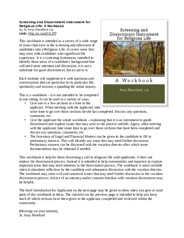 (PDF) Screening and Discernment Instrument for Religious Life: A Workbook